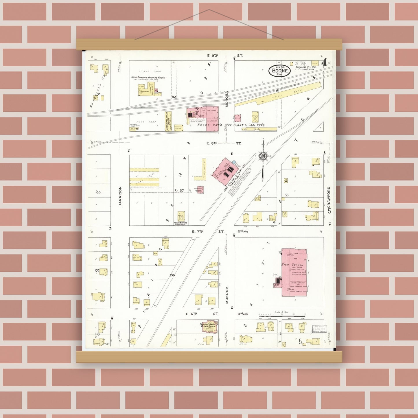 Old map wall art mockup — magnetic wood frame on brick wall — Sanborn Fire Insurance Map from Boone, Boone County, Iowa (1916), Sheet #0004