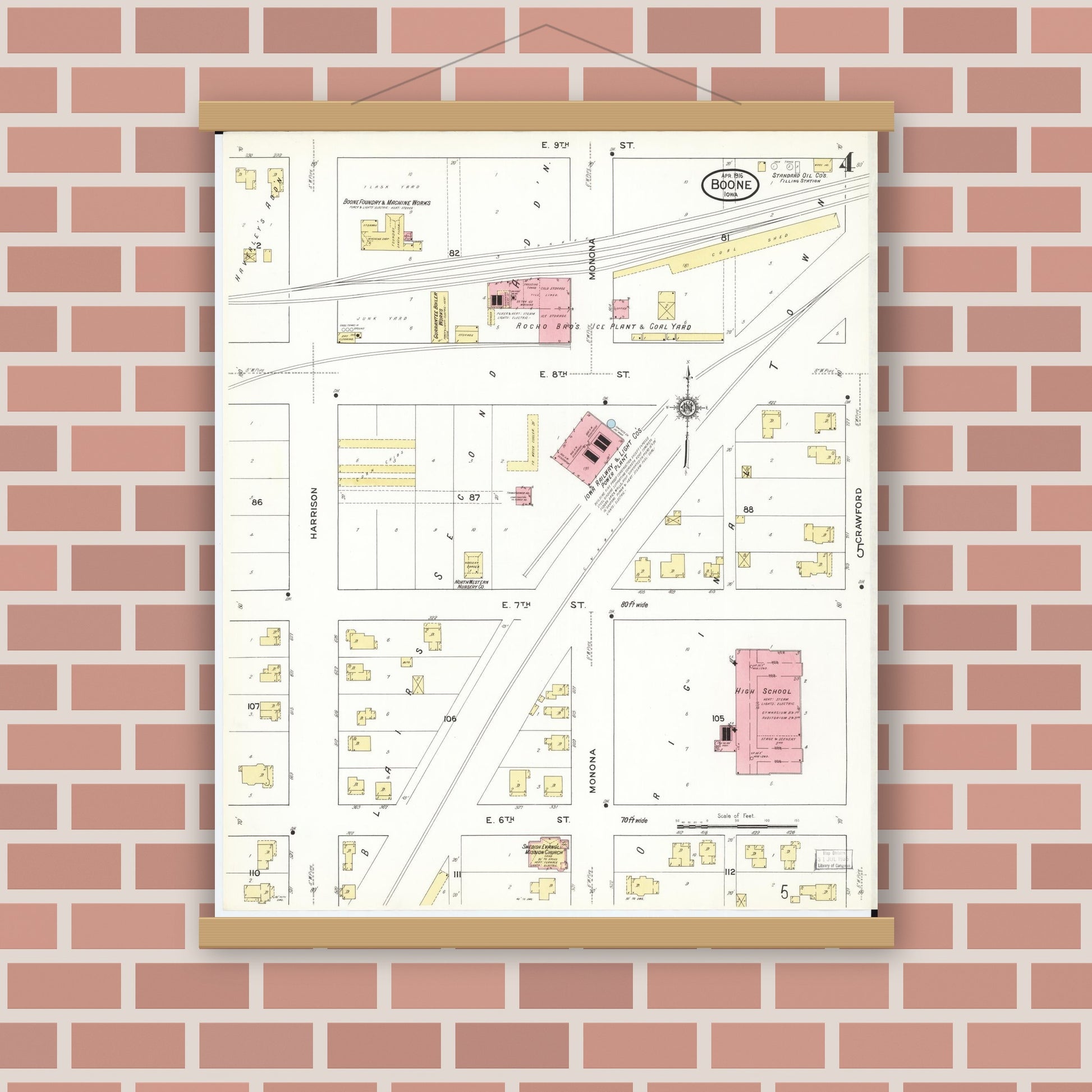 Old map wall art mockup — magnetic wood frame on brick wall — Sanborn Fire Insurance Map from Boone, Boone County, Iowa (1916), Sheet #0004