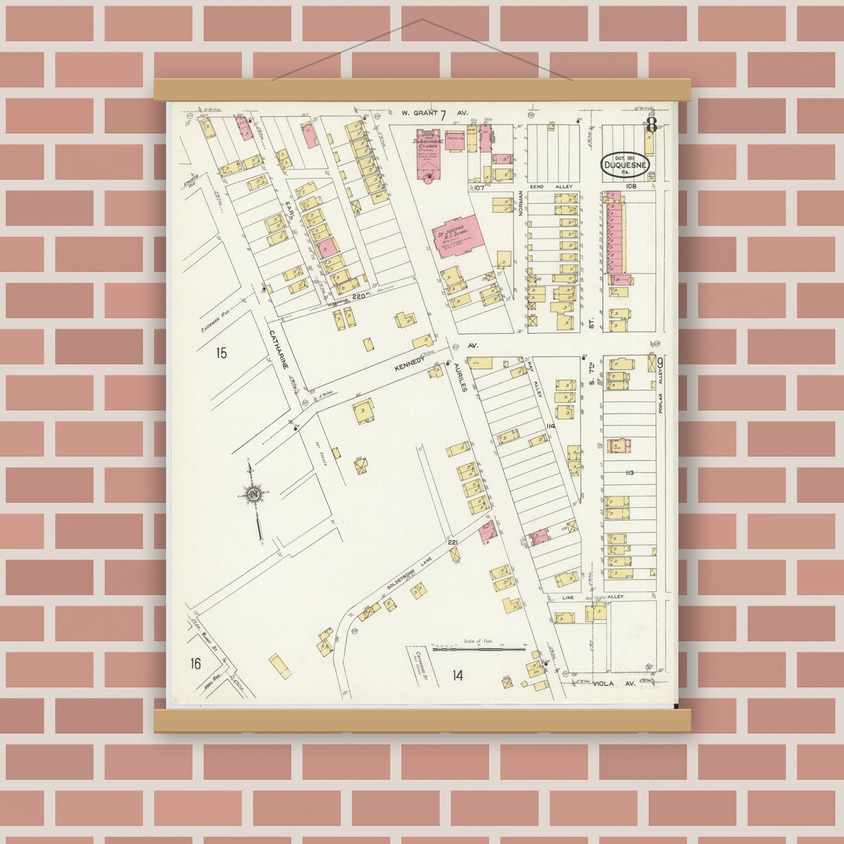 Old map wall art mockup — magnetic wood frame on brick wall — Sanborn Fire Insurance Map from Duquesne, Allegheny County, Pennsylvania (1911), Sheet #0008