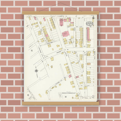Old map wall art mockup — magnetic wood frame on brick wall — Sanborn Fire Insurance Map from Duquesne, Allegheny County, Pennsylvania (1911), Sheet #0008