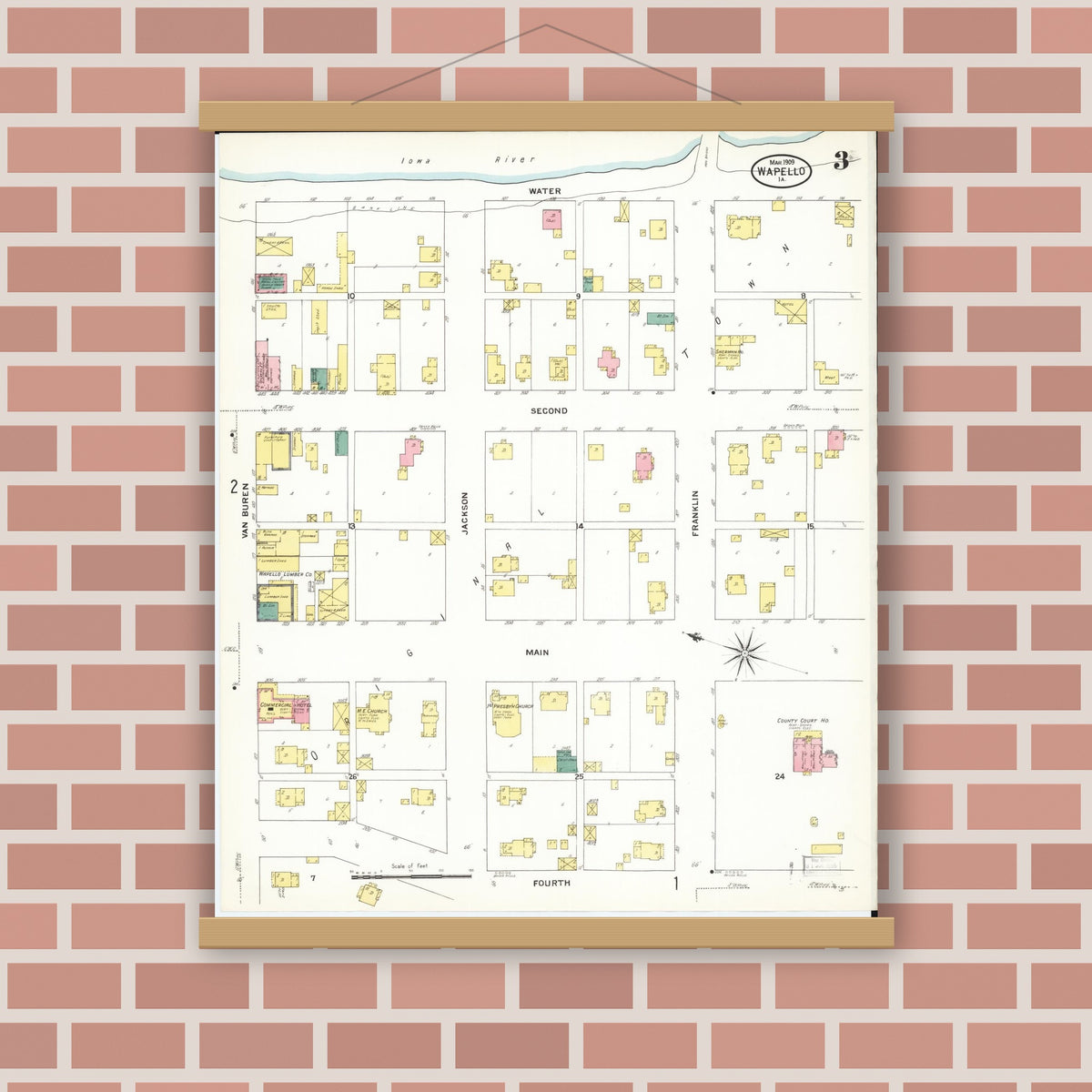 Old map wall art mockup — magnetic wood frame on brick wall — Sanborn Fire Insurance Map from Wapello, Louisa County, Iowa (1909), Sheet #0003