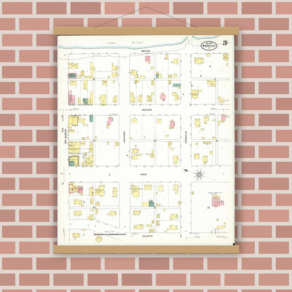Old map wall art mockup — magnetic wood frame on brick wall — Sanborn Fire Insurance Map from Wapello, Louisa County, Iowa (1909), Sheet #0003