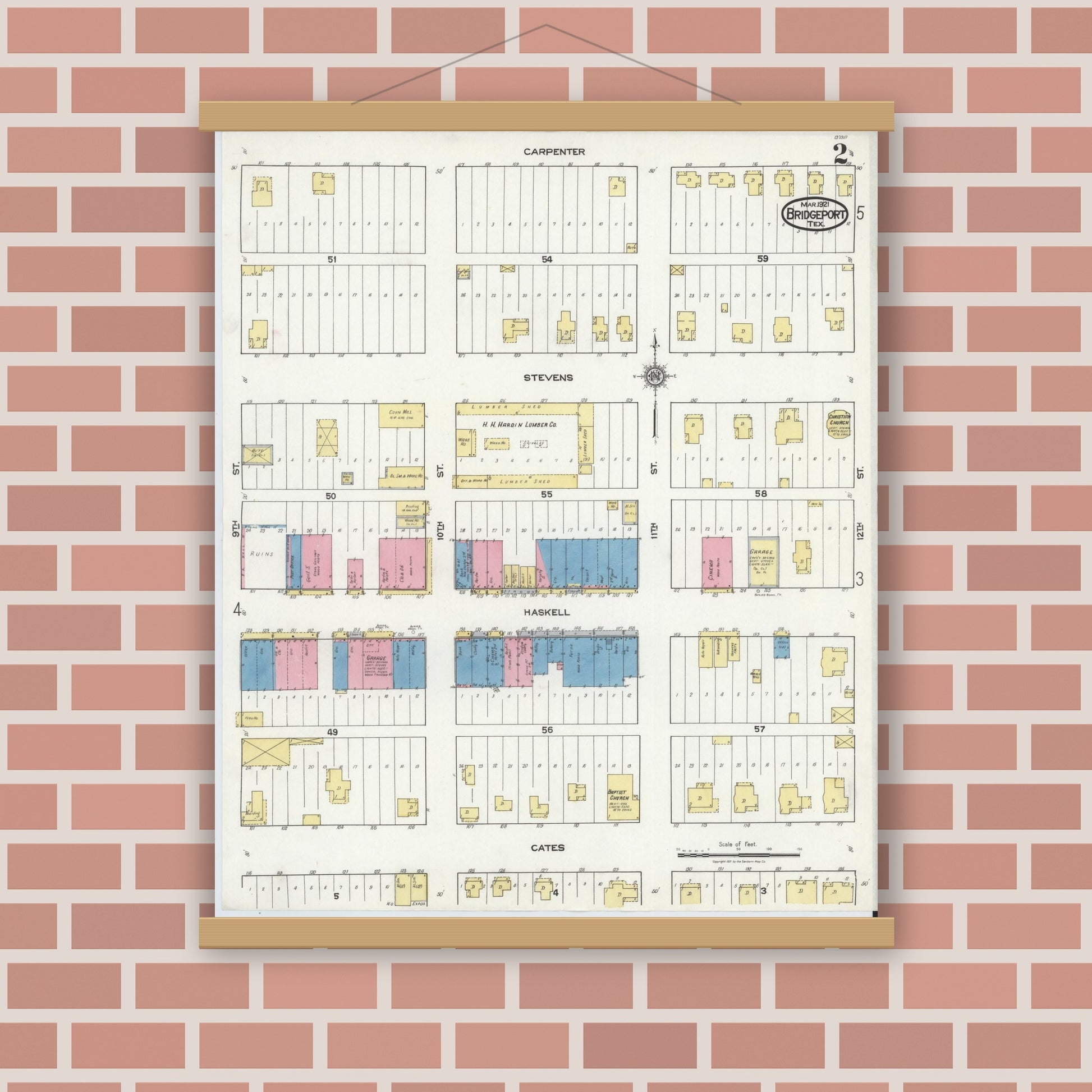 Old map wall art mockup — magnetic wood frame on brick wall — Sanborn Fire Insurance Map from Bridgeport, Wise County, Texas (1921), Sheet #0002