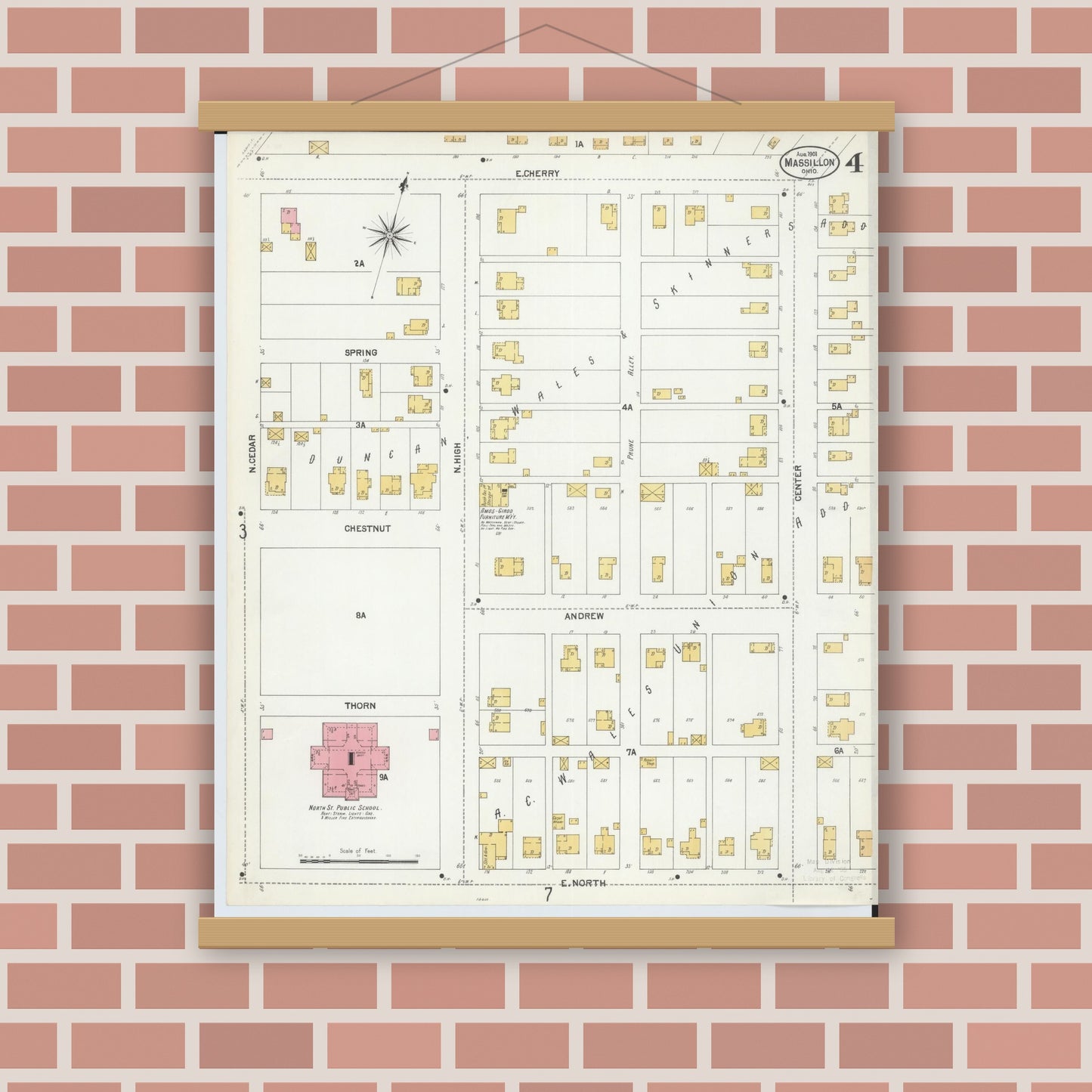 Old map wall art mockup — magnetic wood frame on brick wall — Sanborn Fire Insurance Map from Massillon, Stark County, Ohio (1901), Sheet #0004