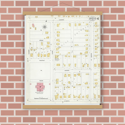 Old map wall art mockup — magnetic wood frame on brick wall — Sanborn Fire Insurance Map from Massillon, Stark County, Ohio (1901), Sheet #0004