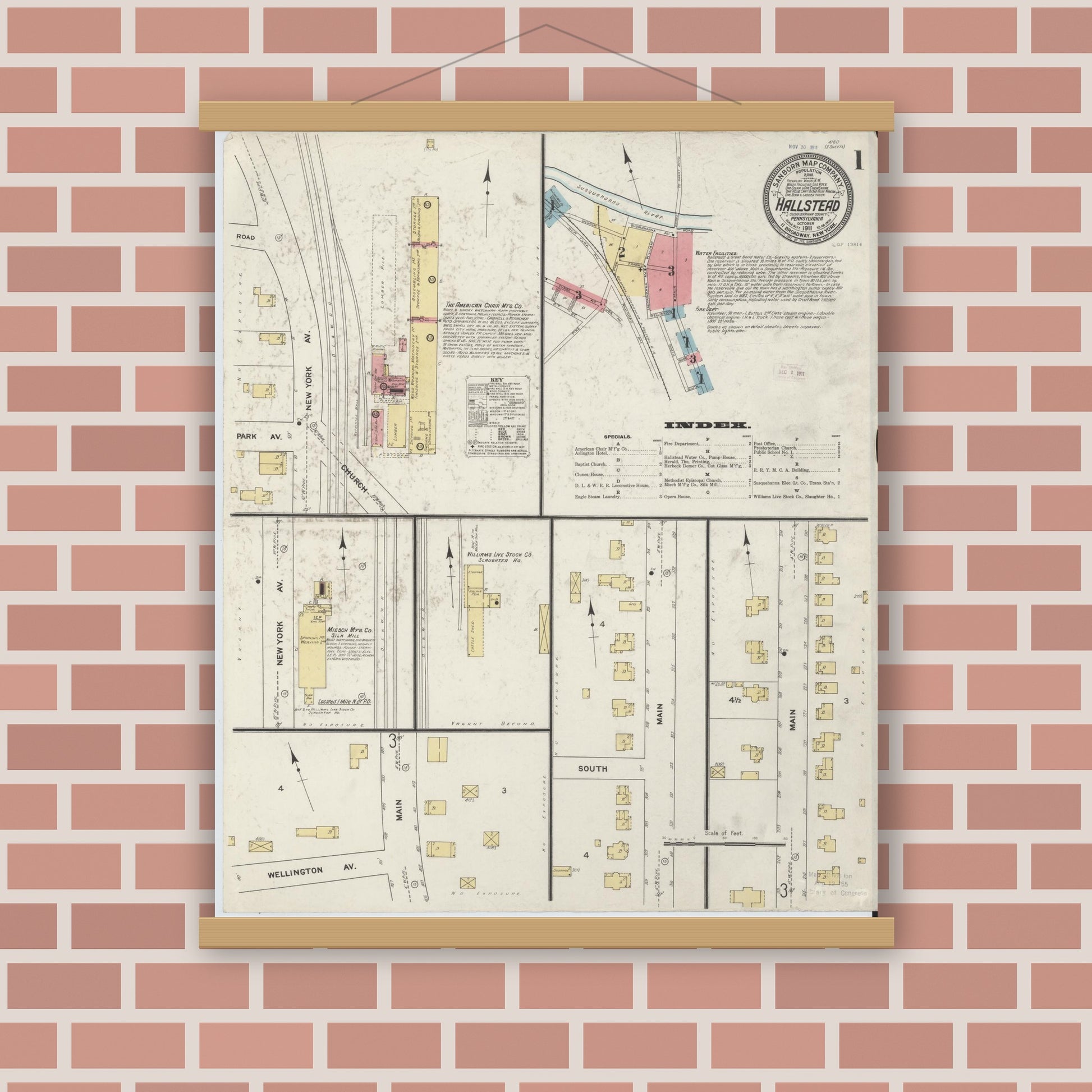 Old map wall art mockup — magnetic wood frame on brick wall — Sanborn Fire Insurance Map from Hallstead, Susquehanna County, Pennsylvania (1911) - Complete Map Set