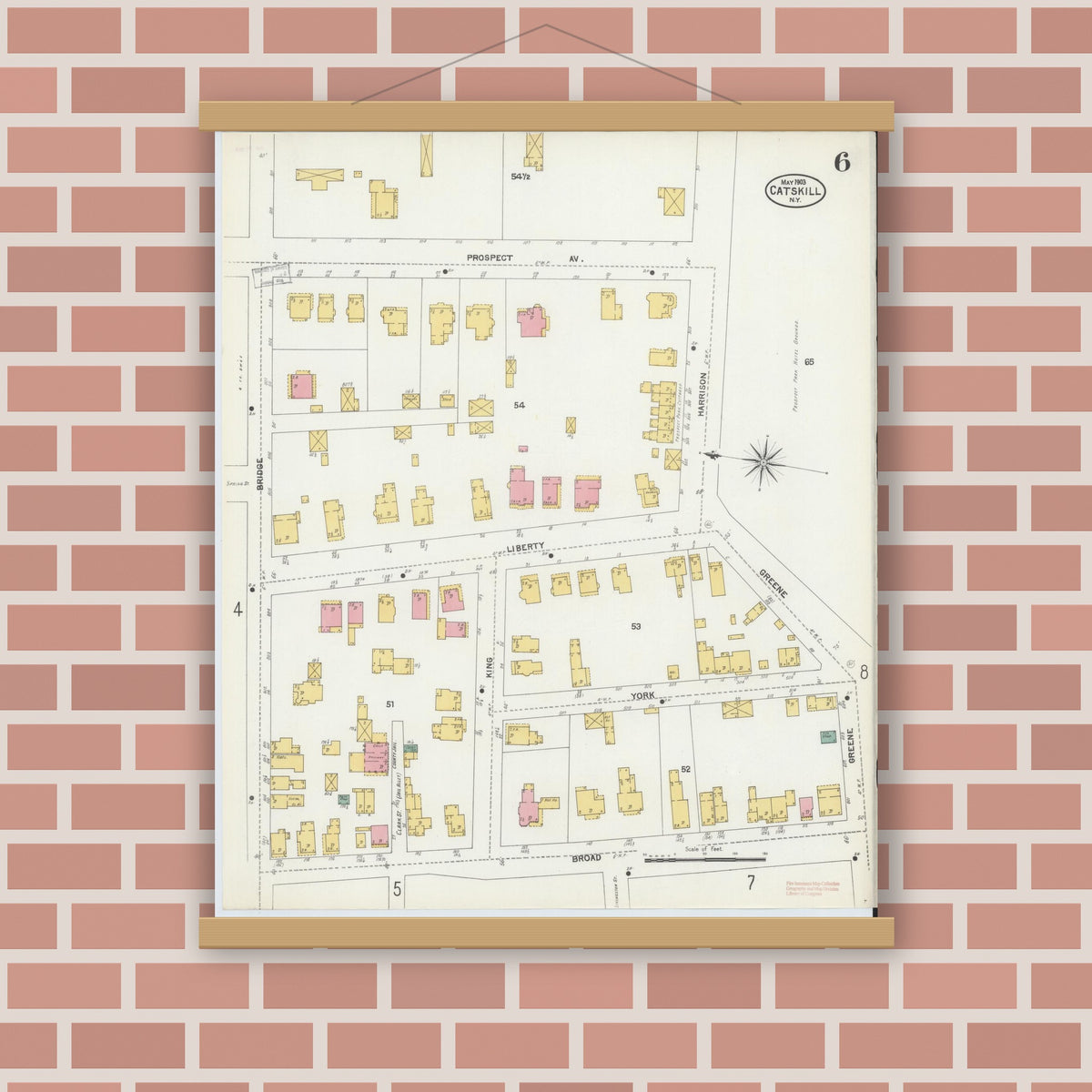 Old map wall art mockup — magnetic wood frame on brick wall — Sanborn Fire Insurance Map from Catskill, Greene County, New York (1903), Sheet #0006