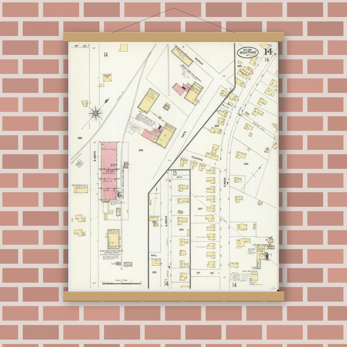 Old map wall art mockup — magnetic wood frame on brick wall — Sanborn Fire Insurance Map from High Point, Guilford County, North Carolina (1906), Sheet #0014