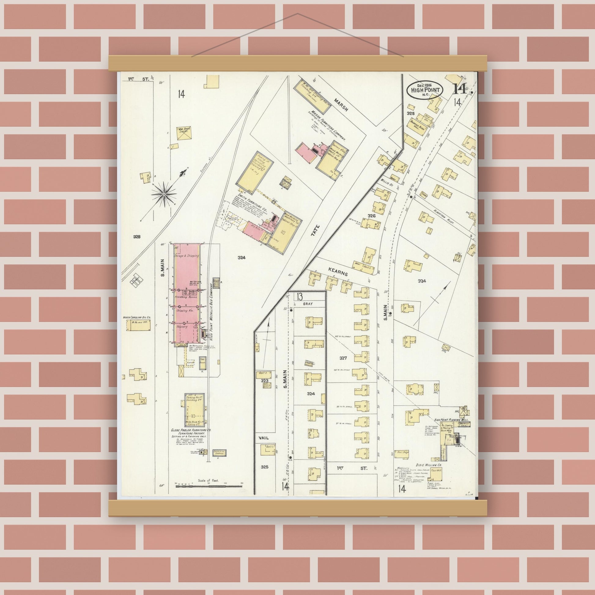 Old map wall art mockup — magnetic wood frame on brick wall — Sanborn Fire Insurance Map from High Point, Guilford County, North Carolina (1906), Sheet #0014