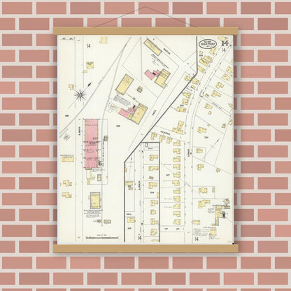 Old map wall art mockup — magnetic wood frame on brick wall — Sanborn Fire Insurance Map from High Point, Guilford County, North Carolina (1906), Sheet #0014