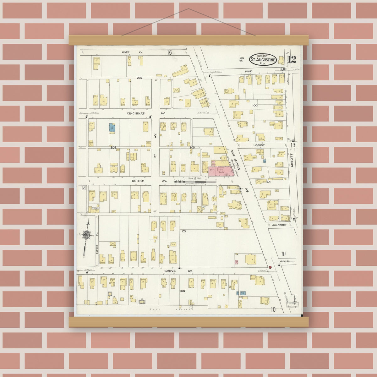 Old map wall art mockup — magnetic wood frame on brick wall — Sanborn Fire Insurance Map from Saint Augustine, Saint John's County, Florida (1917), Sheet #0012