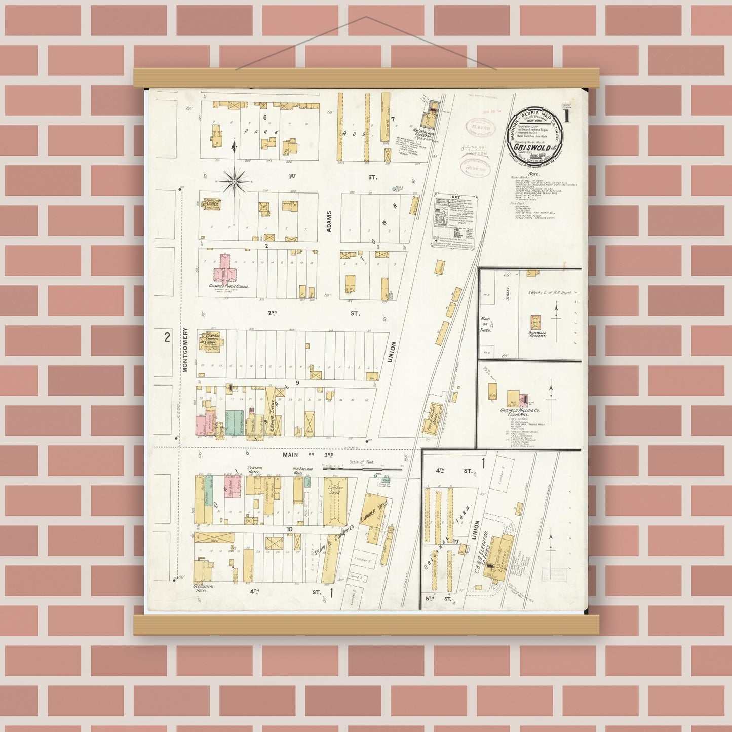 Old map wall art mockup — magnetic wood frame on brick wall — Sanborn Fire Insurance Map from Griswold, Cass County, Iowa (1899) â€” Complete Set