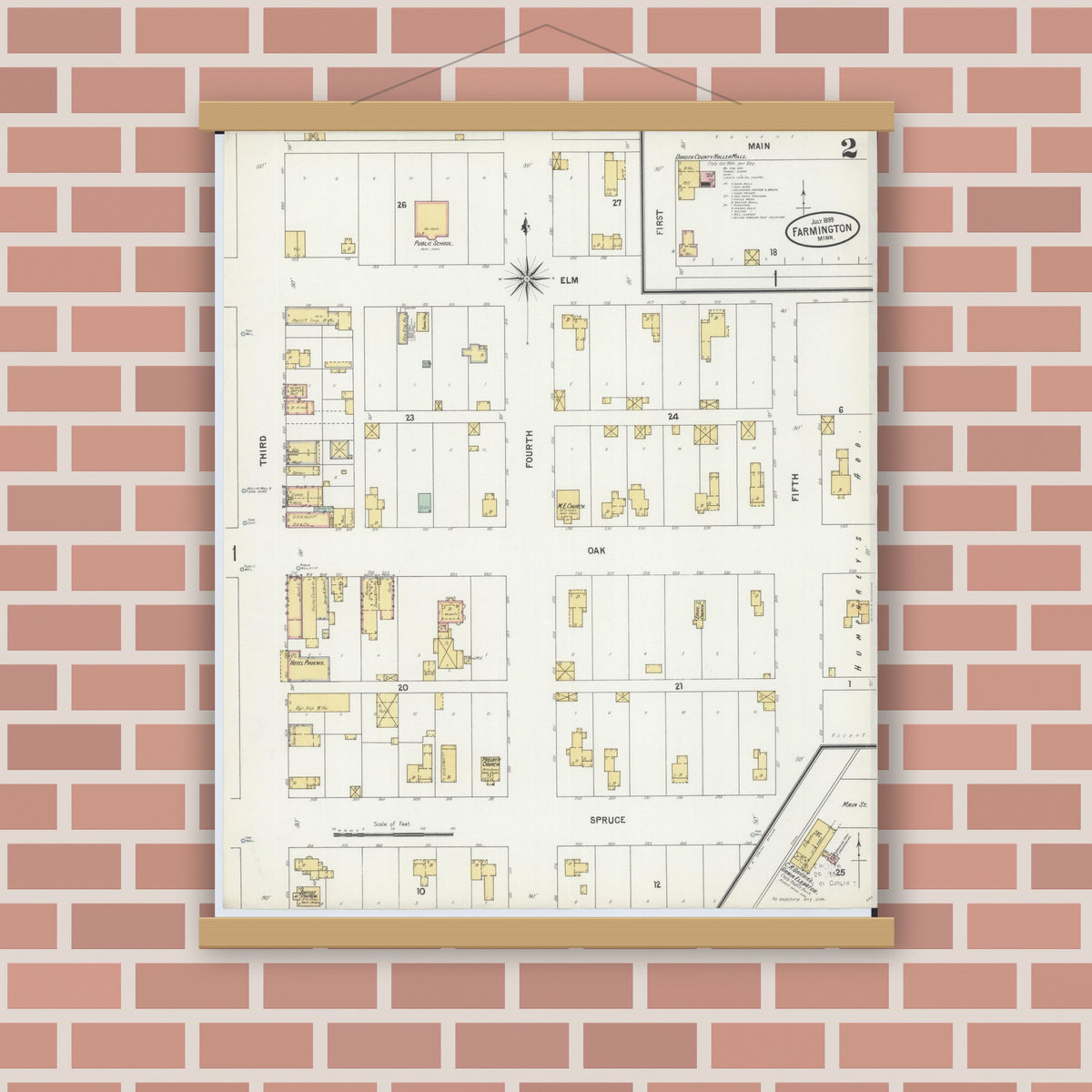 Old map wall art mockup — magnetic wood frame on brick wall — Sanborn Fire Insurance Map from Farmington, Dakota County, Minnesota (1899), Sheet #0002