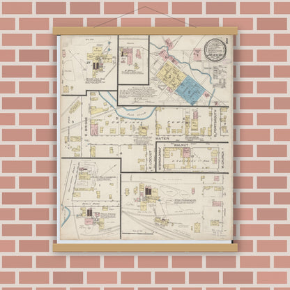 Old map wall art mockup — magnetic wood frame on brick wall — Sanborn Fire Insurance Map from Jackson, Jackson County, Ohio (1886), Sheet #0001