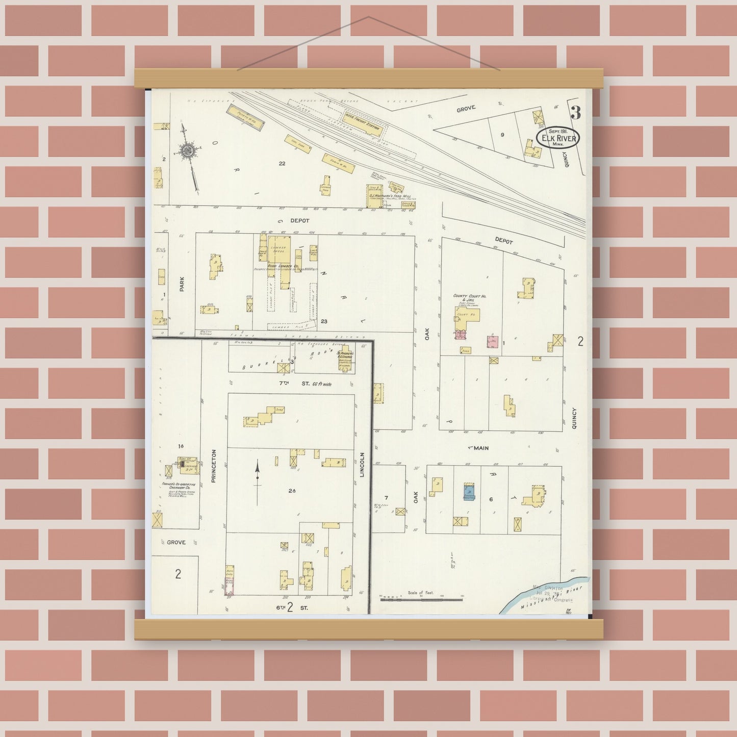 Old map wall art mockup — magnetic wood frame on brick wall — Sanborn Fire Insurance Map from Elk River, Sherburne County, Minnesota (1911), Sheet #0003