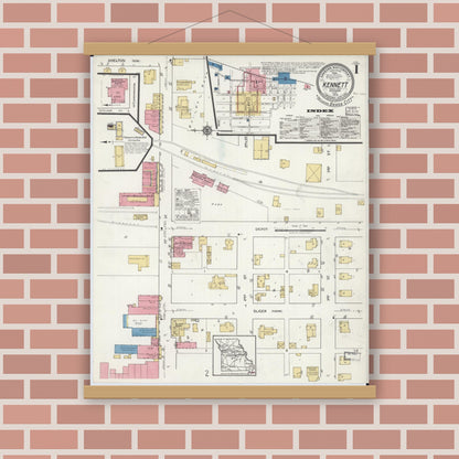 Old map wall art mockup — magnetic wood frame on brick wall — Sanborn Fire Insurance Map from Kennett, Dunklin County, Missouri (1919), Sheet #0001