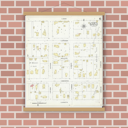 Old map wall art mockup — magnetic wood frame on brick wall — Sanborn Fire Insurance Map from Rushville, Schuyler County, Illinois (1906), Sheet #0006