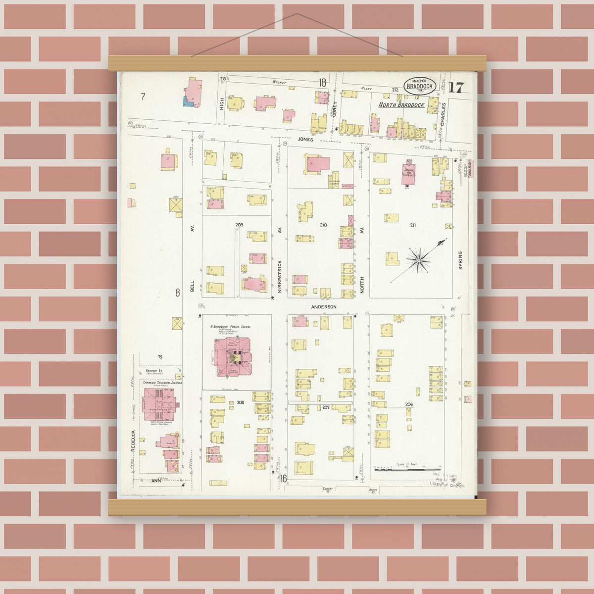 Old map wall art mockup — magnetic wood frame on brick wall — Sanborn Fire Insurance Map from Braddock, Allegheny County, Pennsylvania (1908), Sheet #0017