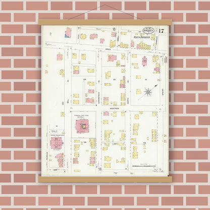 Old map wall art mockup — magnetic wood frame on brick wall — Sanborn Fire Insurance Map from Braddock, Allegheny County, Pennsylvania (1908), Sheet #0017
