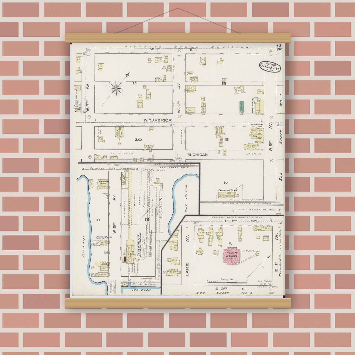 Old map wall art mockup — magnetic wood frame on brick wall — Sanborn Fire Insurance Map from Duluth, Saint Louis County, Minnesota (1885), Sheet #0002