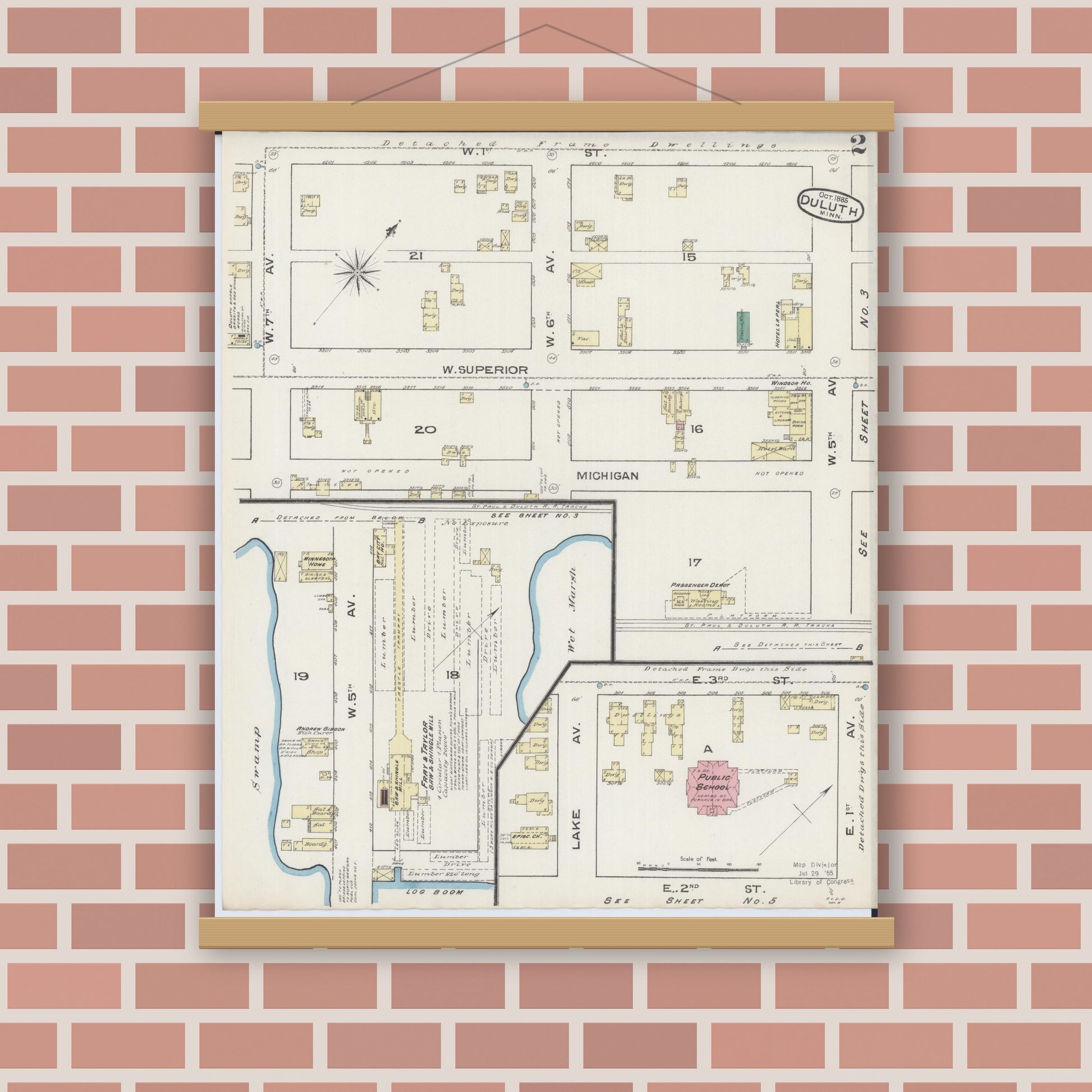 Old map wall art mockup — magnetic wood frame on brick wall — Sanborn Fire Insurance Map from Duluth, Saint Louis County, Minnesota (1885), Sheet #0002