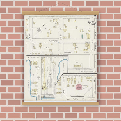 Old map wall art mockup — magnetic wood frame on brick wall — Sanborn Fire Insurance Map from Duluth, Saint Louis County, Minnesota (1885), Sheet #0002