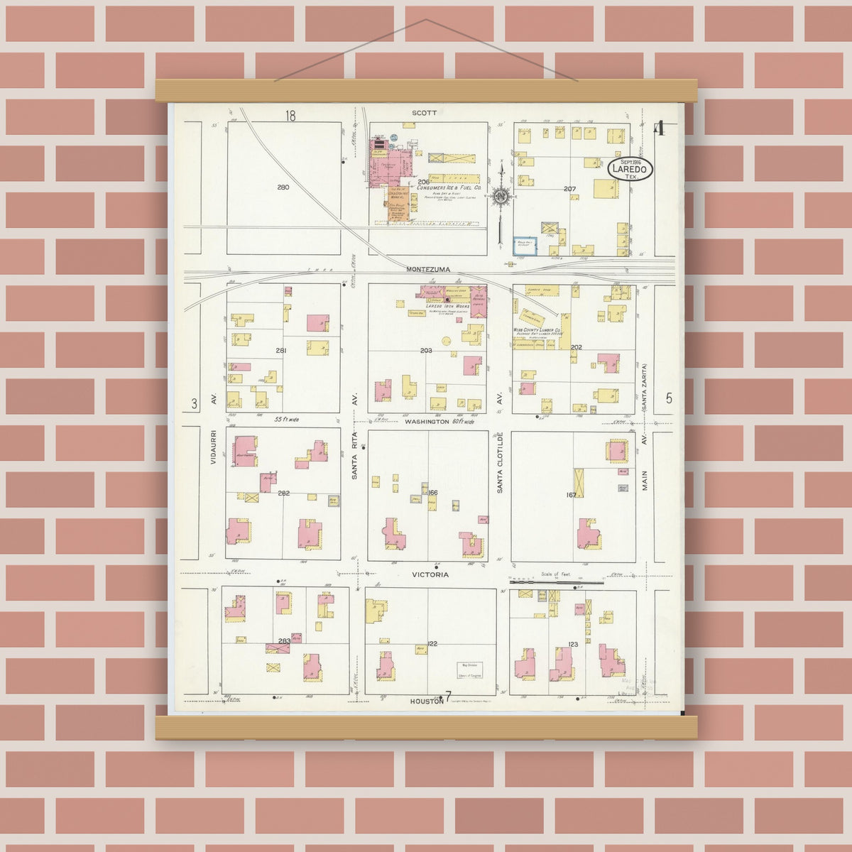 Old map wall art mockup — magnetic wood frame on brick wall — Sanborn Fire Insurance Map from Laredo, Webb County, Texas (1916), Sheet #0004