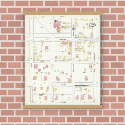 Old map wall art mockup — magnetic wood frame on brick wall — Sanborn Fire Insurance Map from Laredo, Webb County, Texas (1916), Sheet #0004