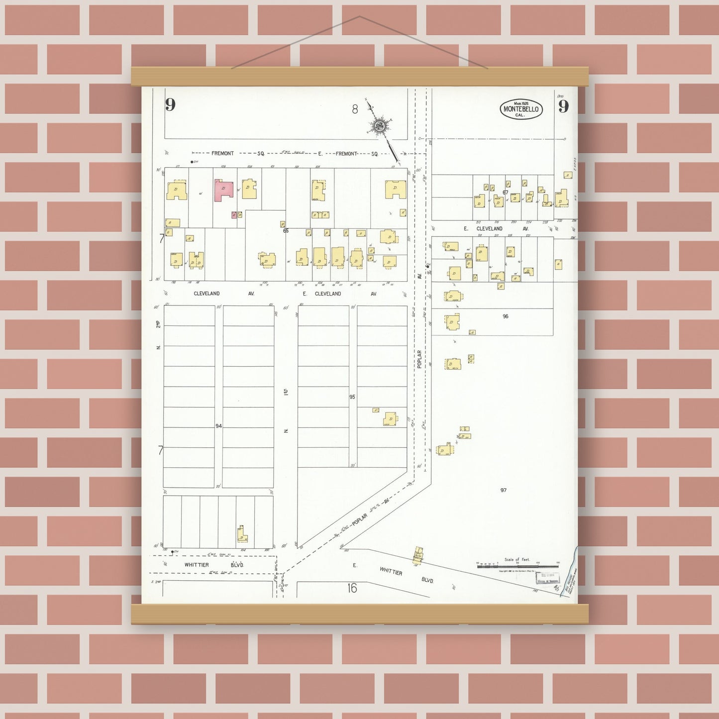Old map wall art mockup — magnetic wood frame on brick wall — Sanborn Fire Insurance Map from Montebello, Los Angeles County, California (1925), Sheet #0009
