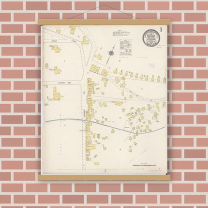Old map wall art mockup — magnetic wood frame on brick wall — Sanborn Fire Insurance Map from Honomu, Hawaii County, Hawaii (1914), Sheet #0001