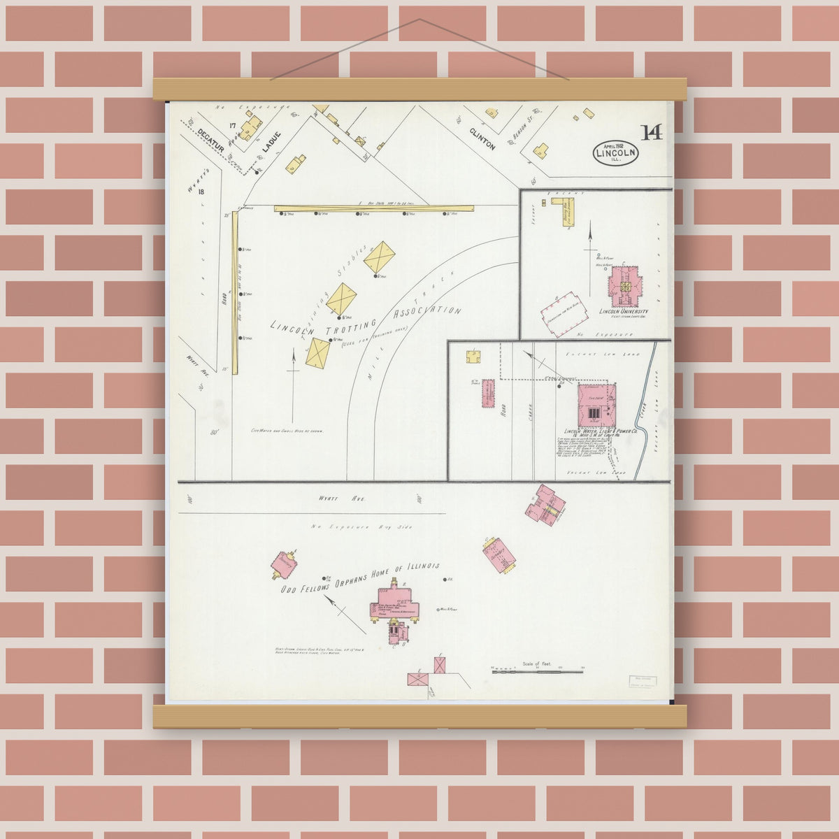 Old map wall art mockup — magnetic wood frame on brick wall — Sanborn Fire Insurance Map from Lincoln, Logan County, Illinois (1902), Sheet #0014