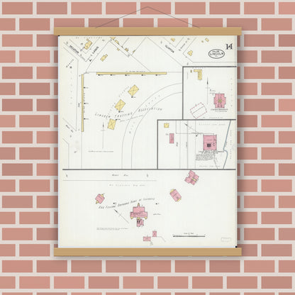 Old map wall art mockup — magnetic wood frame on brick wall — Sanborn Fire Insurance Map from Lincoln, Logan County, Illinois (1902), Sheet #0014