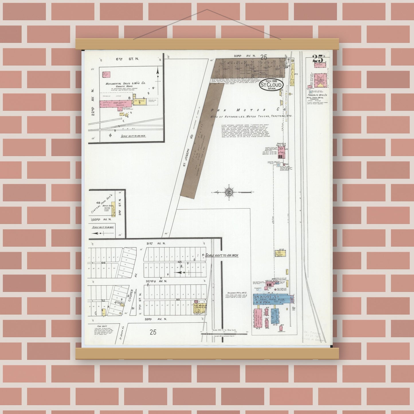 Old map wall art mockup — magnetic wood frame on brick wall — Sanborn Fire Insurance Map from Saint Cloud, Stearns, Benton, and Sherburne Counties, Minnesota (1919), Sheet #0025