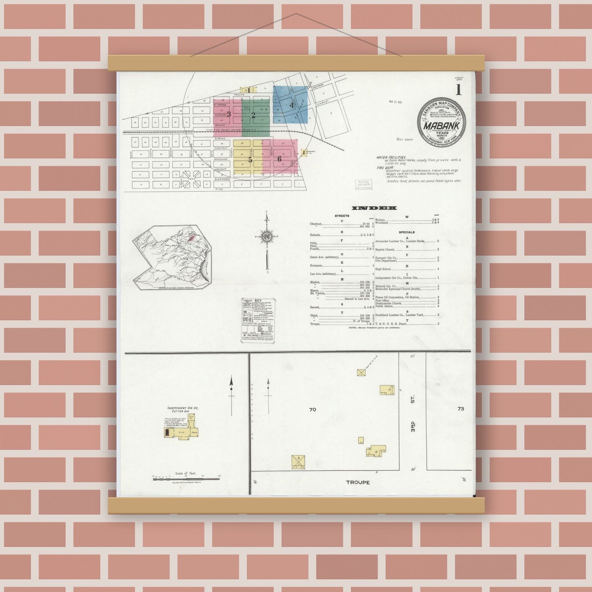 Old map wall art mockup — magnetic wood frame on brick wall — Sanborn Fire Insurance Map from Mabank, Kaufman County, Texas (1921) - Complete Map Set