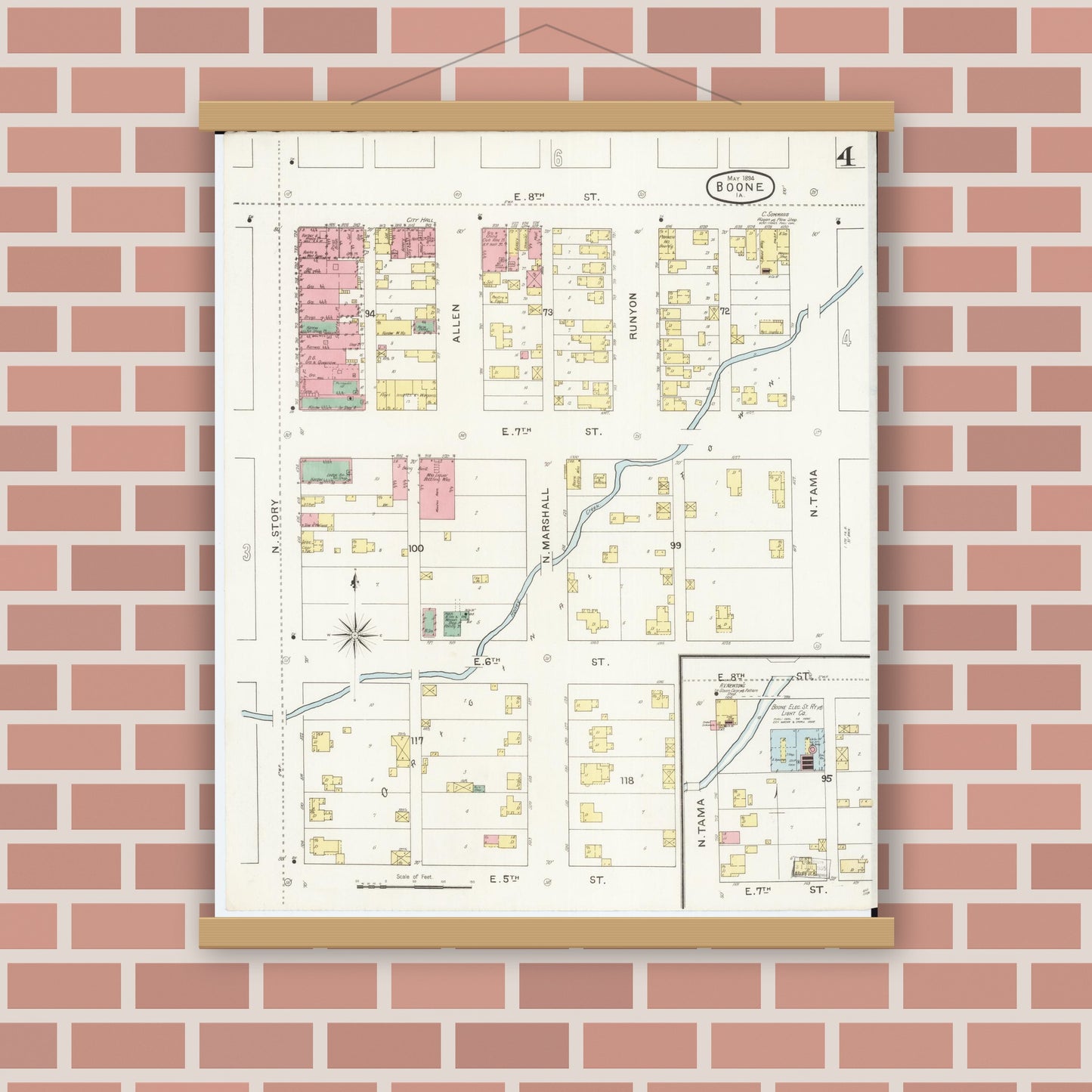 Old map wall art mockup — magnetic wood frame on brick wall — Sanborn Fire Insurance Map from Boone, Boone County, Iowa (1894), Sheet #0004