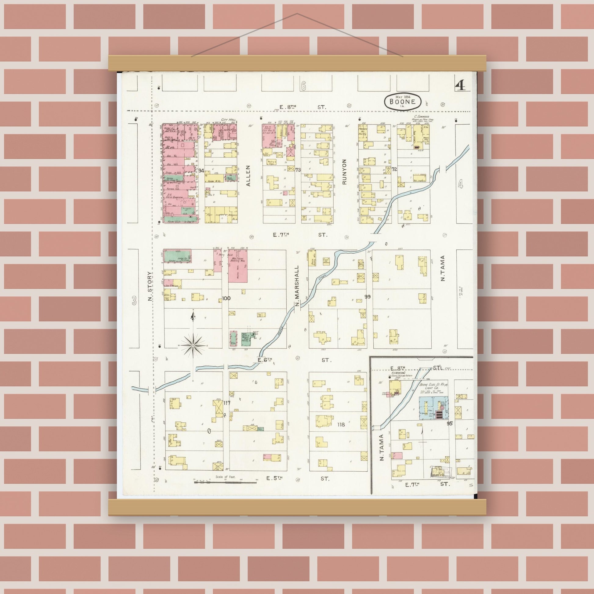Old map wall art mockup — magnetic wood frame on brick wall — Sanborn Fire Insurance Map from Boone, Boone County, Iowa (1894), Sheet #0004