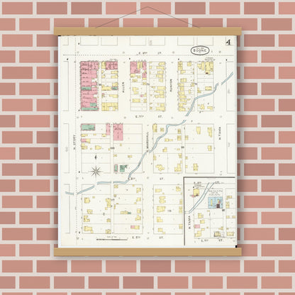 Old map wall art mockup — magnetic wood frame on brick wall — Sanborn Fire Insurance Map from Boone, Boone County, Iowa (1894), Sheet #0004