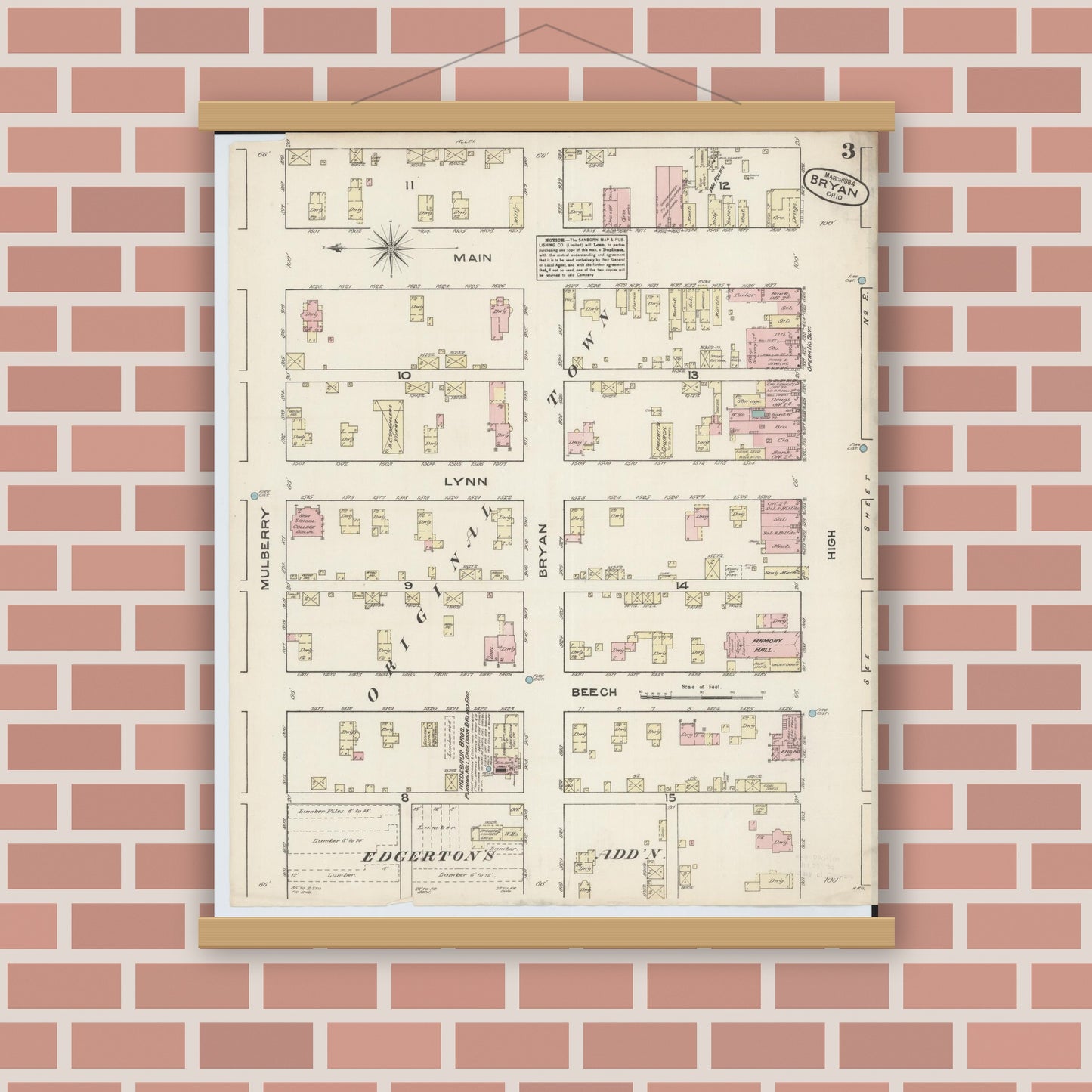 Old map wall art mockup — magnetic wood frame on brick wall — Sanborn Fire Insurance Map from Bryan, Williams County, Ohio (1884), Sheet #0003