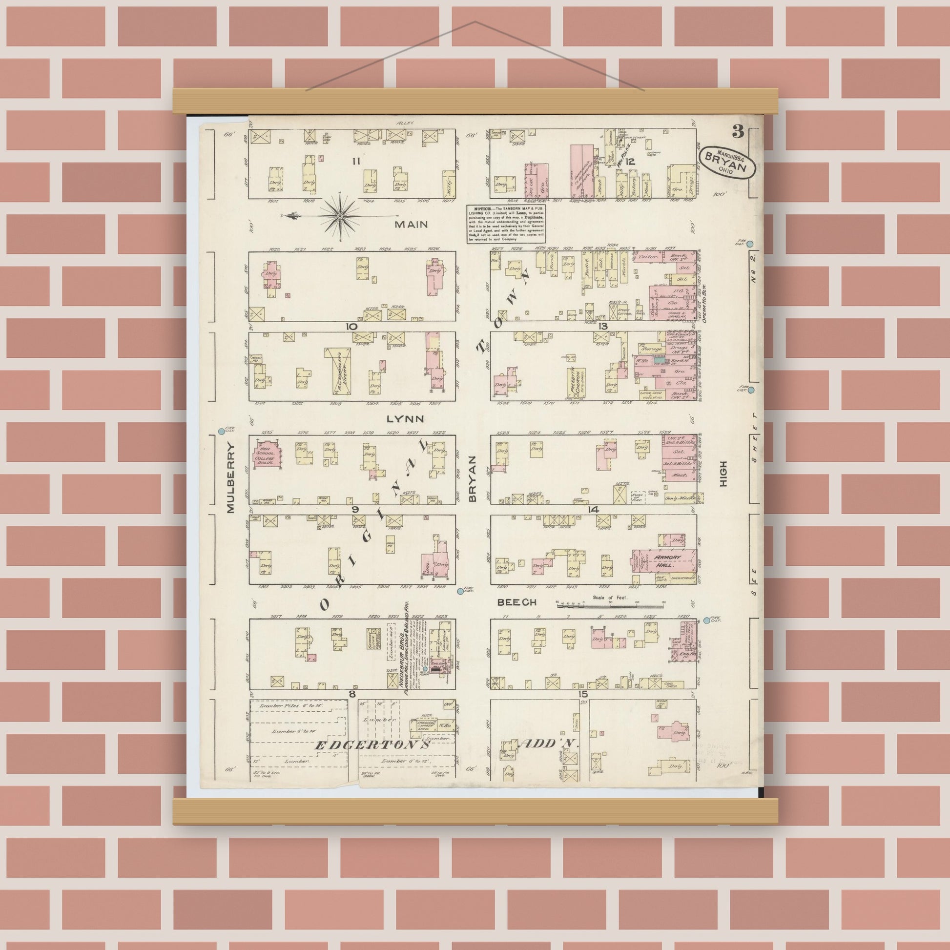 Old map wall art mockup — magnetic wood frame on brick wall — Sanborn Fire Insurance Map from Bryan, Williams County, Ohio (1884), Sheet #0003