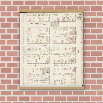 Old map wall art mockup — magnetic wood frame on brick wall — Sanborn Fire Insurance Map from Bryan, Williams County, Ohio (1884), Sheet #0003
