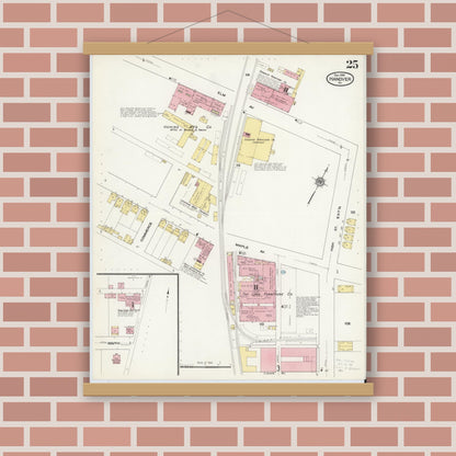 Old map wall art mockup — magnetic wood frame on brick wall — Sanborn Fire Insurance Map from Hanover, York County, Pennsylvania (1909), Sheet #0025
