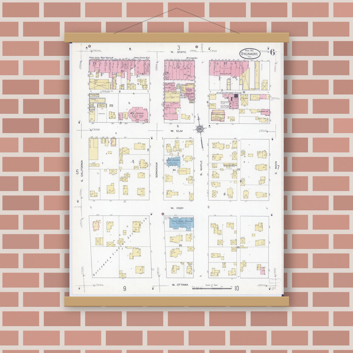 Old map wall art mockup — magnetic wood frame on brick wall — Sanborn Fire Insurance Map from Sycamore, De Kalb County, Illinois (1912), Sheet #0006