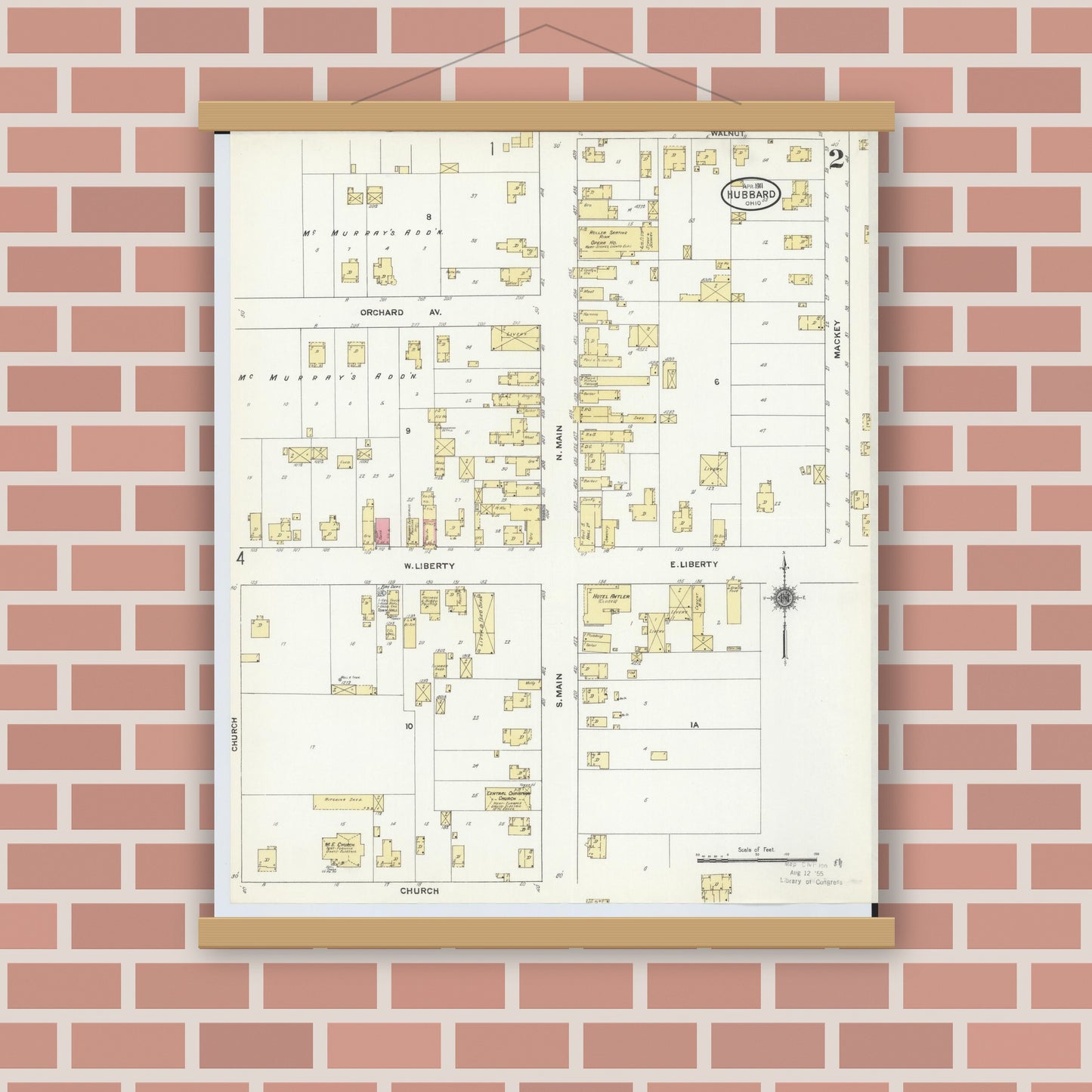 Old map wall art mockup — magnetic wood frame on brick wall — Sanborn Fire Insurance Map from Hubbard, Trumbull County, Ohio (1911), Sheet #0002