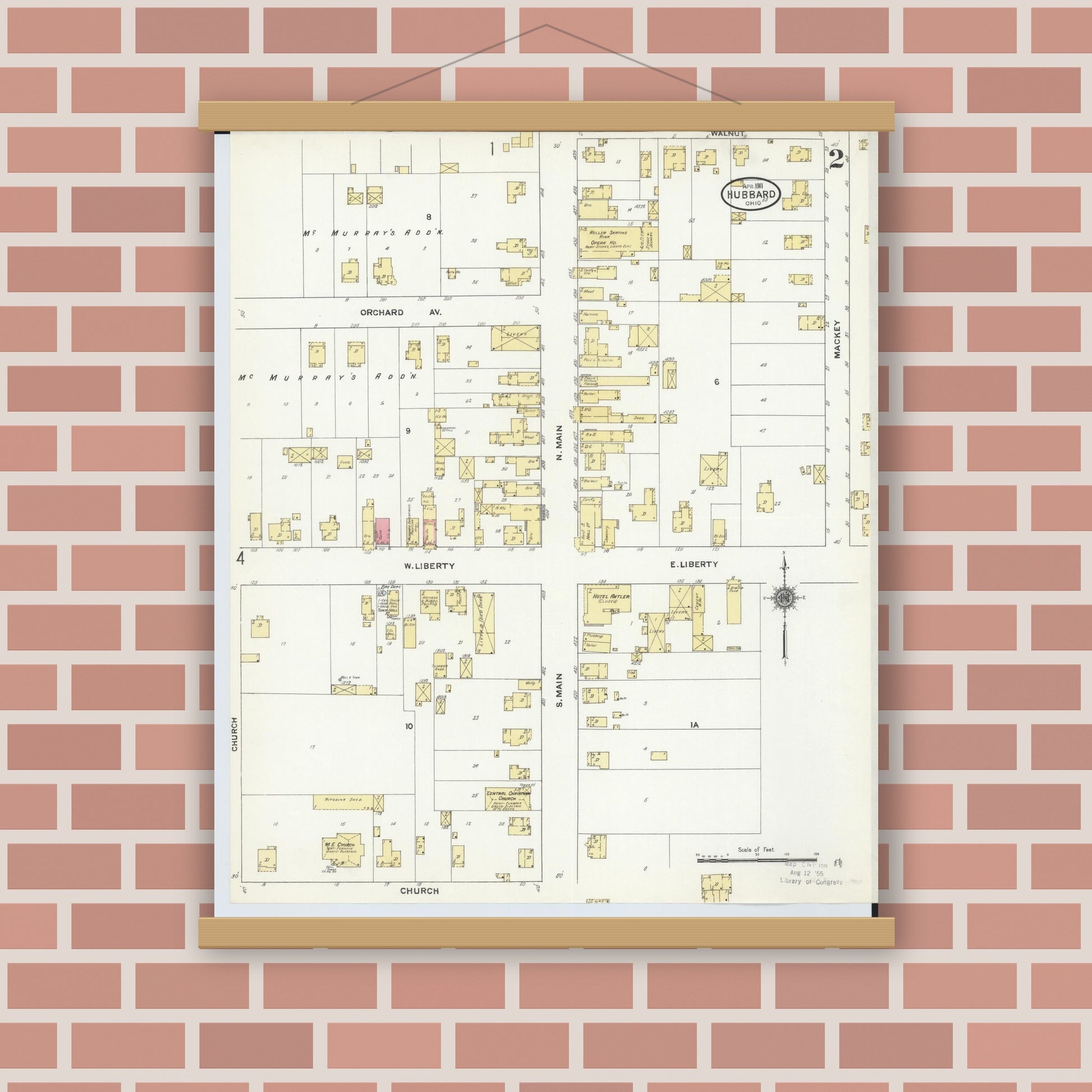 Old map wall art mockup — magnetic wood frame on brick wall — Sanborn Fire Insurance Map from Hubbard, Trumbull County, Ohio (1911), Sheet #0002