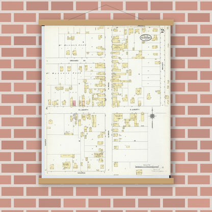 Old map wall art mockup — magnetic wood frame on brick wall — Sanborn Fire Insurance Map from Hubbard, Trumbull County, Ohio (1911), Sheet #0002