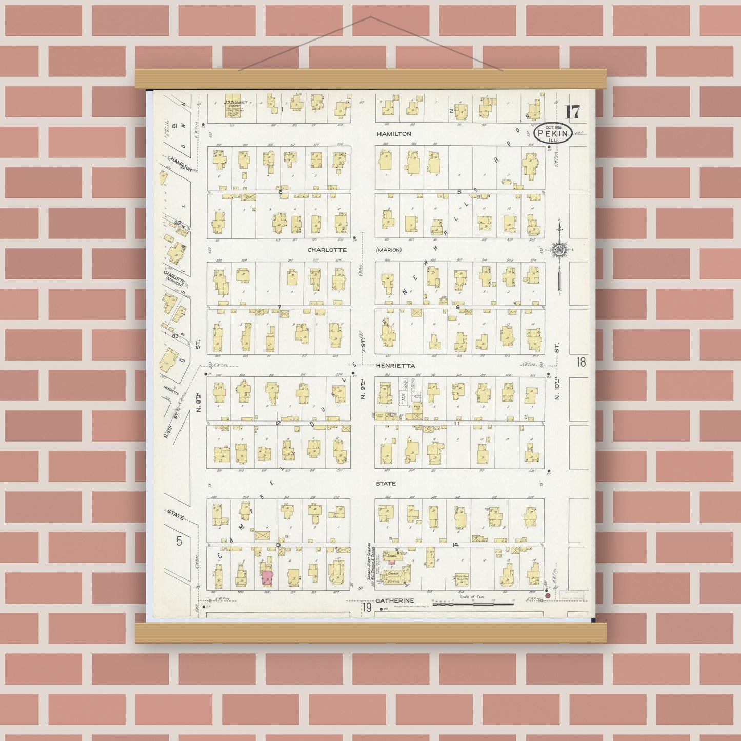 Old map wall art mockup — magnetic wood frame on brick wall — Sanborn Fire Insurance Map from Pekin, Tazewell County, Illinois (1916), Sheet #0017