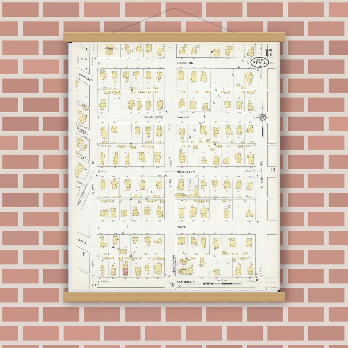 Old map wall art mockup — magnetic wood frame on brick wall — Sanborn Fire Insurance Map from Pekin, Tazewell County, Illinois (1916), Sheet #0017
