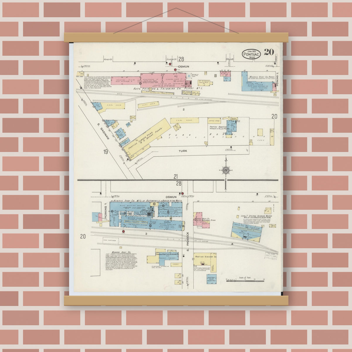 Old map wall art mockup — magnetic wood frame on brick wall — Sanborn Fire Insurance Map from Pontiac, Oakland County, Michigan (1915), Sheet #0020