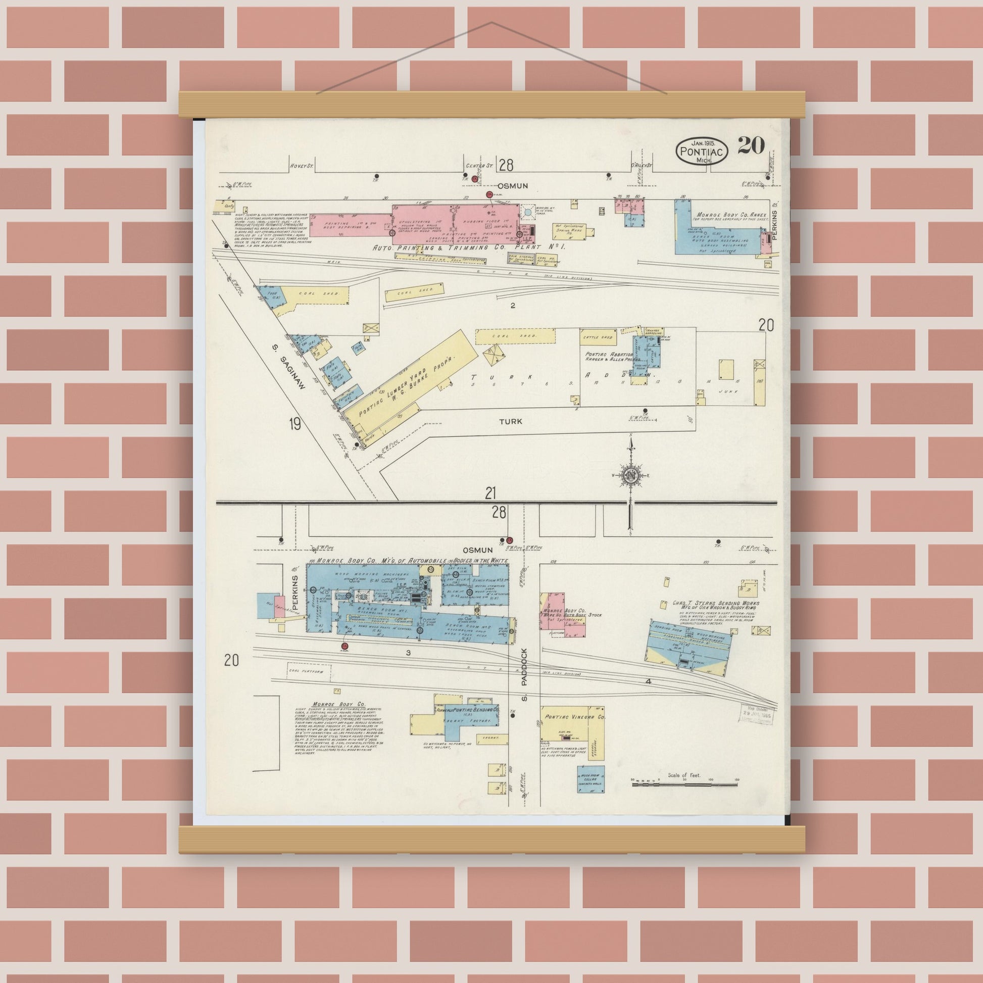 Old map wall art mockup — magnetic wood frame on brick wall — Sanborn Fire Insurance Map from Pontiac, Oakland County, Michigan (1915), Sheet #0020