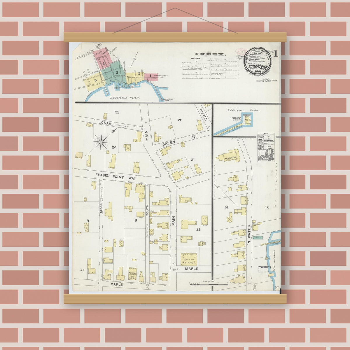 Old map wall art mockup — magnetic wood frame on brick wall — Sanborn Fire Insurance Map from Edgartown, Dukes County, Massachusetts (1892) - Complete Map Set